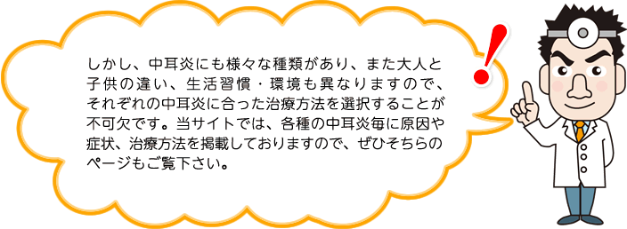 しかし、中耳炎にも様々な種類があり、また大人と子供の違い、生活習慣・環境も異なりますので、それぞれの中耳炎に合った治療方法を選択することが不可欠です。当サイトでは、各種の中耳炎毎に原因や症状、治療方法を掲載しておりますので、ぜひそちらのページもご覧下さい。